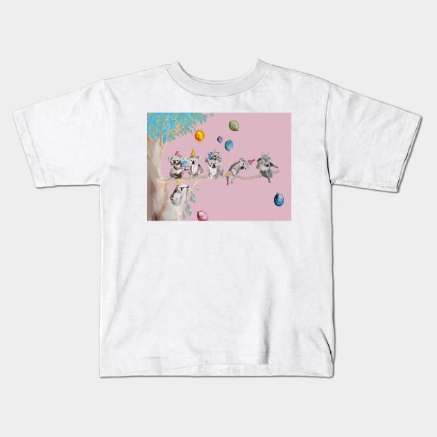 Koala Watercolor Painting, The Koalas Birthday Party - on Baby Pink Kids T-Shirt by SarahRajkotwala